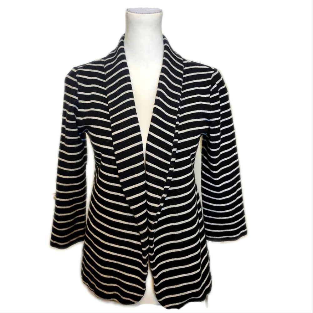 Maison Jules soft open front black & white striped bazer jacket, M